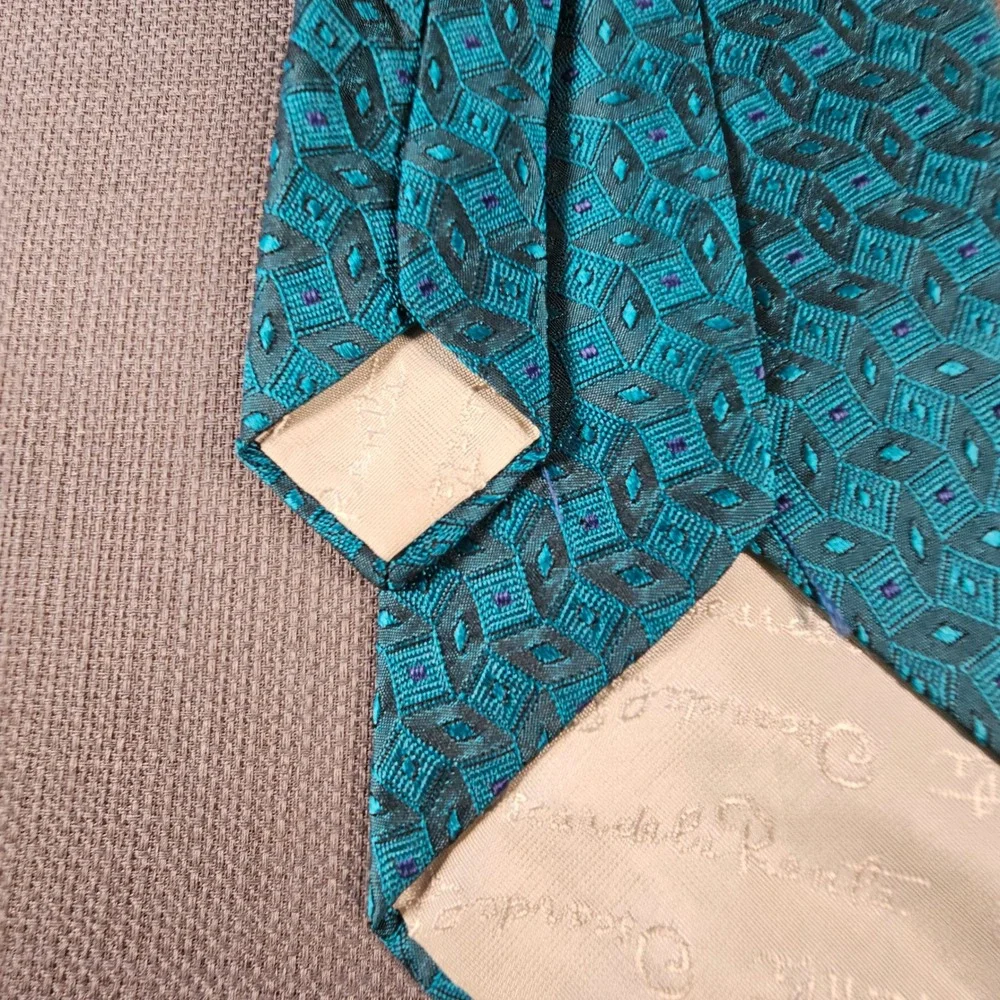 Oscar‎ de la Renta Couture Mens Teal Geometric Silk Necktie Designer Tie